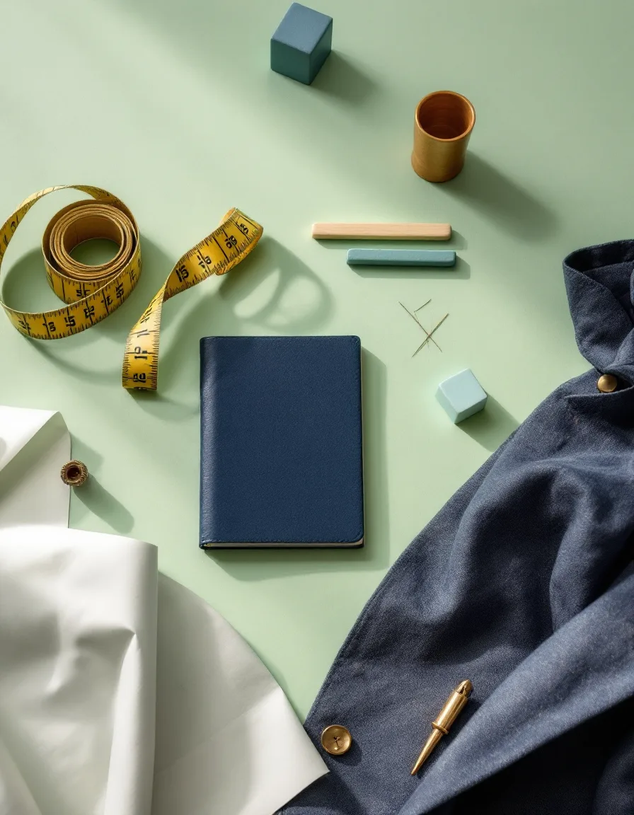 Portrait flat-lay of a tape measure, navy notebook with handwritten notes, thimble and tailor's chalk on pattern paper